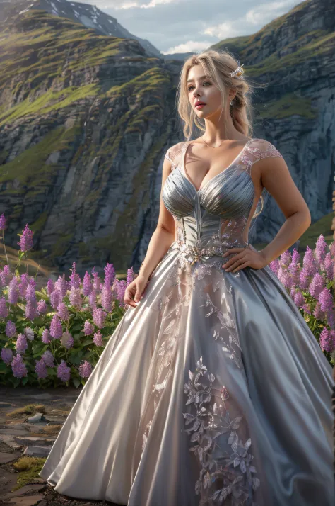hyper realistic, ultra detailed photograph of a beautiful Norwegian woman in a ballgown, highly detailed face, cutecore, rounded...