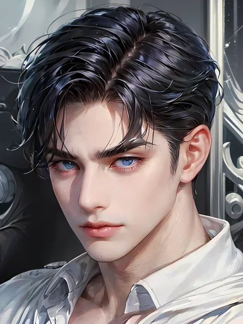 masterpiece close-up shot of a man, he has short black Quiff hair with Soft Fringe (bangs part on side 3:7 ratio), (blue eyes), ...