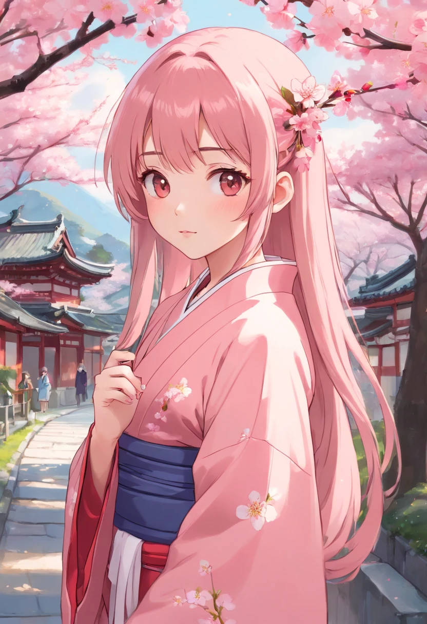 Peach blossom pink straight hair，Wears a pale pink kimono，Holding a cherry blossom branch，in the background, Beautiful cherry blossom trees are scattered with cherry blossoms，She is a sweet girl who stands tall，eyes with brightness