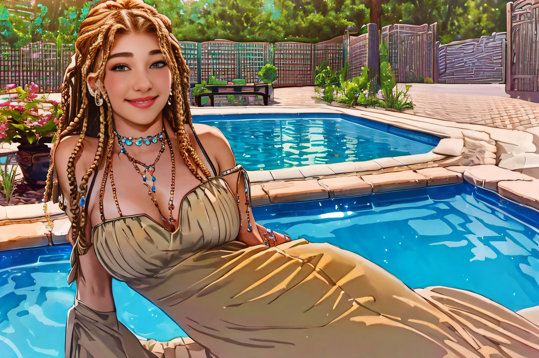 uma linda mulher caucasiana com tranças, covinhas sorridentes e uma piscina de riad ao fundo, obra-prima, ultra realistic, 8K, elaborar, alta qualidade