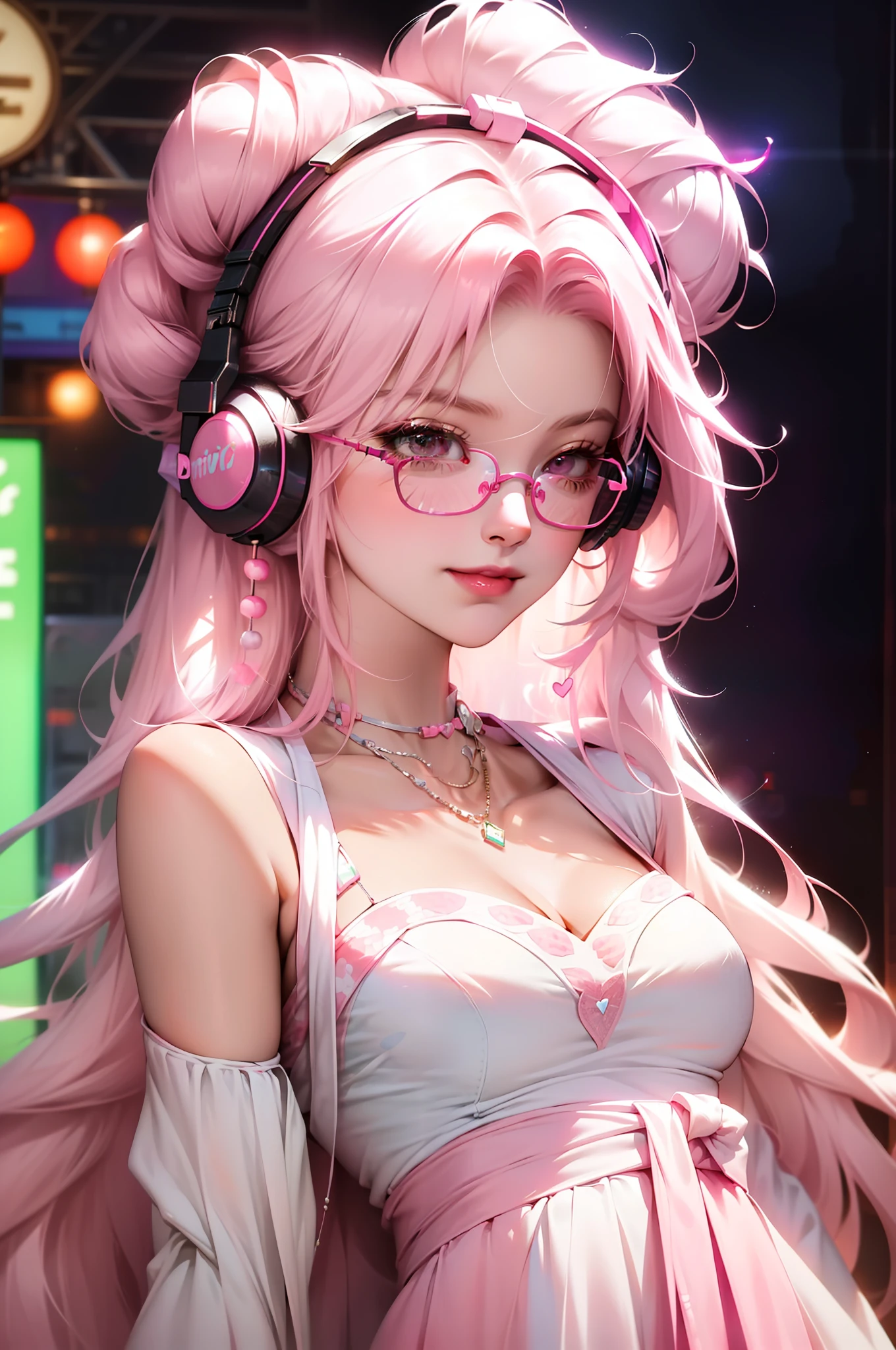 Charity, a cheerful and vivacious young individual residing in a neon-lit Japanese cyberpunk city. Charity has an unwavering love for the color pink, which is evident in her pink hair, pink accessories, and pink clothing. Her signature look includes heart-shaped glasses and stylish headphones. She sports a shoulder-length bob with bangs, all in a delightful shade of pink. Her fashion sense is heavily influenced by kawaii and Harajuku styles, making her a standout figure in the bustling cityscape. Charity's world is bathed in the vibrant glow of neon lights, and she thrives on the 80's vibes and pop culture references that surround her. You can often find her immersed in the local arcades, relishing in the nostalgic charm of the era. What sets Charity apart is her ever-present smile, radiating positivity and warmth. She's a beacon of happiness in her community, always striving to uplift others and spread joy. Her favorite colors, in addition to pink, are blue and black, which she cleverly incorporates into her unique style.