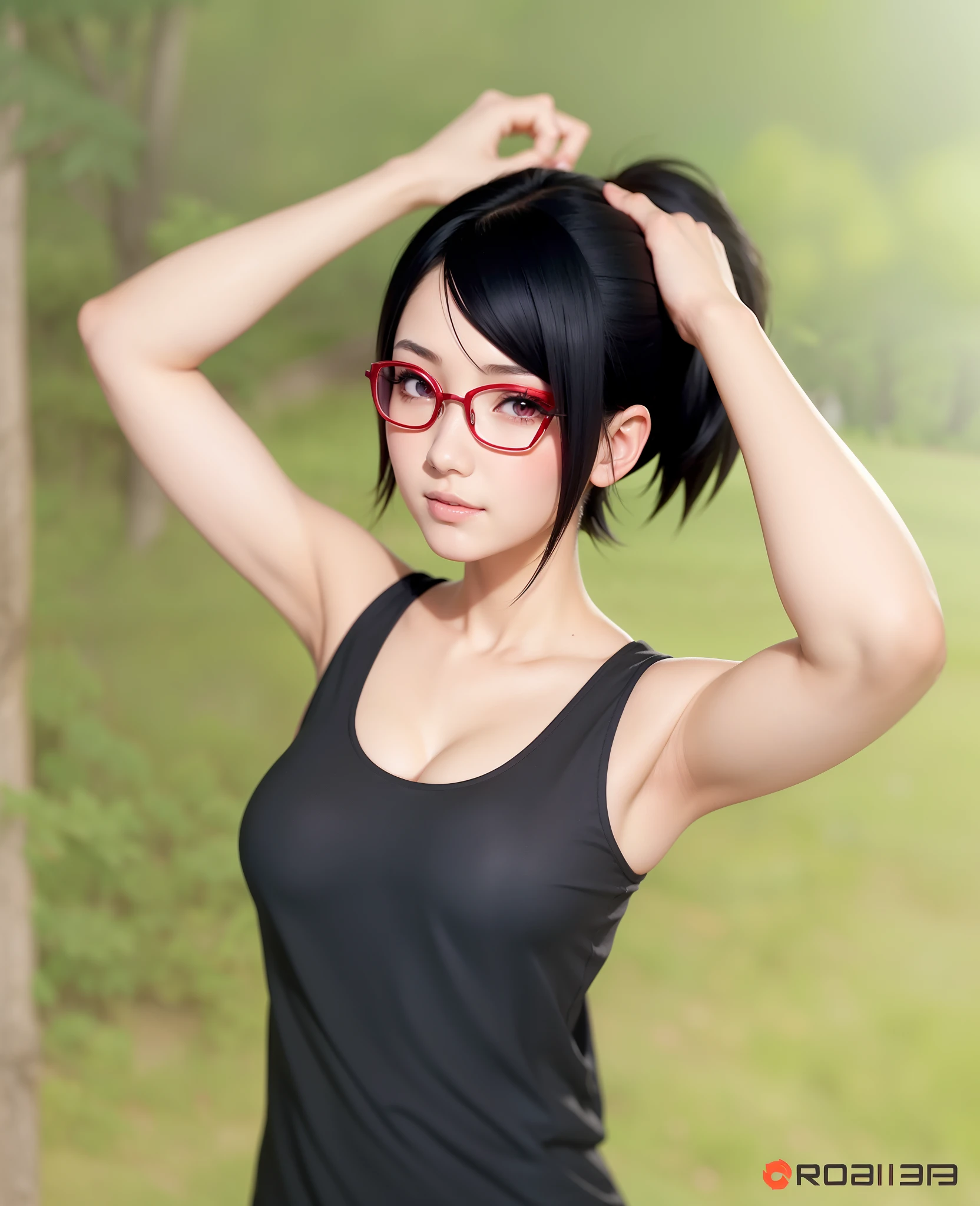 1 chica, uchiha sarada in anime boruto, cabello corto, pelo negro, ojos rojos, sonrisa, hermoso, vestido sexy, ropa sexy, ropa roja, pecho muy grande, Realista clothes, detalle de ropa, fondo al aire libre, ultra detalle, Realista