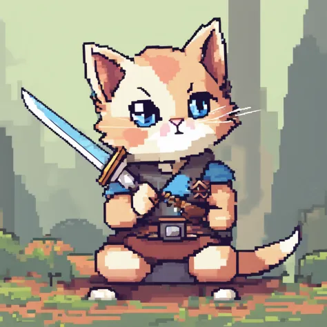 Kitten, nft, pixel art, kitten holding a sword and adventuring, cute, beautiful, colored detailed eyes,