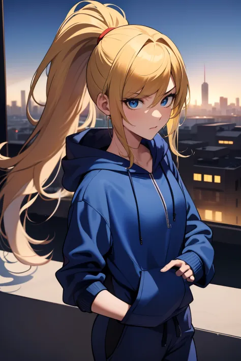 masterpiece, best quality, samus aran, ponytail, hair tie, blue hoodie, black sweatpants, upper body, looking at viewer, city ba...