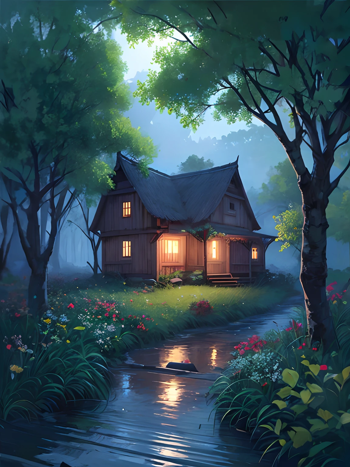 Night view of a house in the forest，There is a path leading to it，There is a stream，There are fish in the river，There are animals in the woods，There is fog in the distance，，There is light irradiation，Peace everywhere, fruit trees along the way，The night is calm。digital illustrations， Beautiful house on a forest path， background artwork， Cabin in the forest， 4k highly detailed digital art， solitary cottage in the woods， House in the forest， nightime village background， House background， Cabin in the woods， 4K detailed digital art