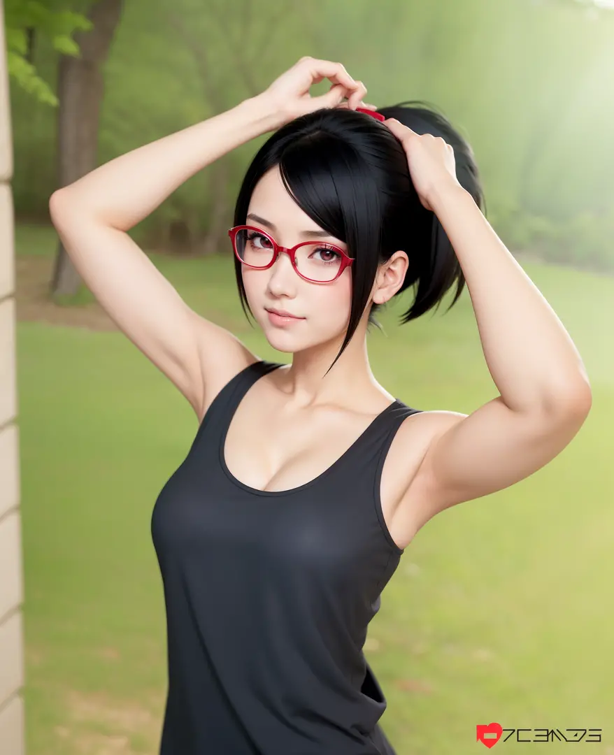 1girl, uchiha sarada in anime boruto, short hair, black hair, red eyes, smile, beautiful, sexy dress, sexy clothes, red clothes, very big breast, realistic clothes, detail clothes, outdoor background, ultra detail, realistic