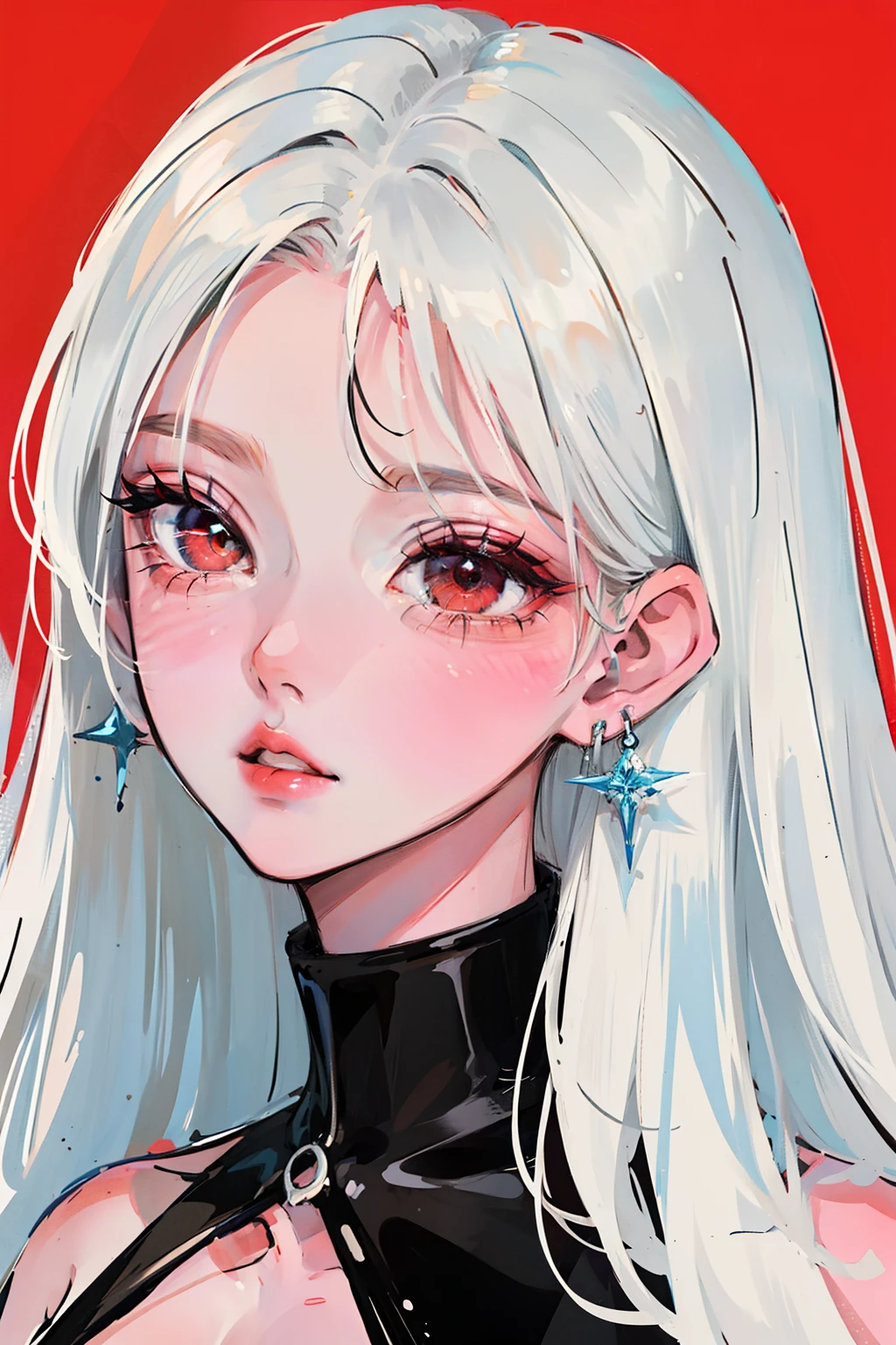 (Portrait:1.4), (masutepiece:1.2, Best Quality:1.2), bottom-up, Full body, 1 Girl with White Hair, Solo, Looking down, Face Focus, Extreme facial details, Cool eyes, extremely detailed eye, goodlooking, makeup, Fingers on lips, Red Eyes, Thin, slim, white fur coat, Black tights, earrings, (Marco) cafes)