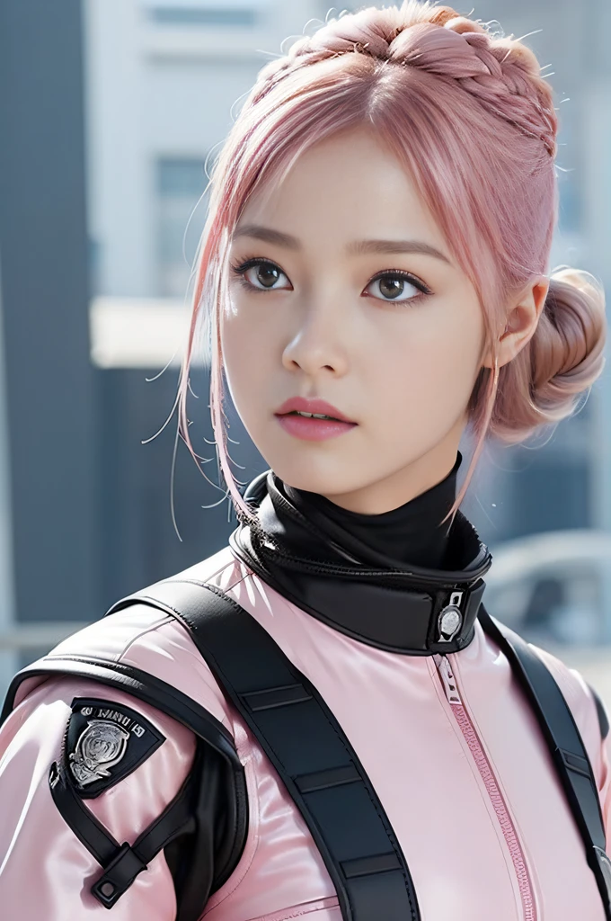(Top Quality, Ultra High Definition, Photorealistic: 1.4), (close up:1), 1 Beautiful Girl, (Kpop Idol), Detailed Face, (Pink Hair, updo-style:1.3), (smile:0.5), Contrapposto, Smooth Skin, Accurate Anatomy, Professional Lighting, ((wearing Futuristic Police Racing Suits, police wappen, High-tech Headset, military harness, racing gloves, handgun)), ("POLICE", Cloths color based on silver pink black white), (background, crashed cars, fire, (Explosion)),