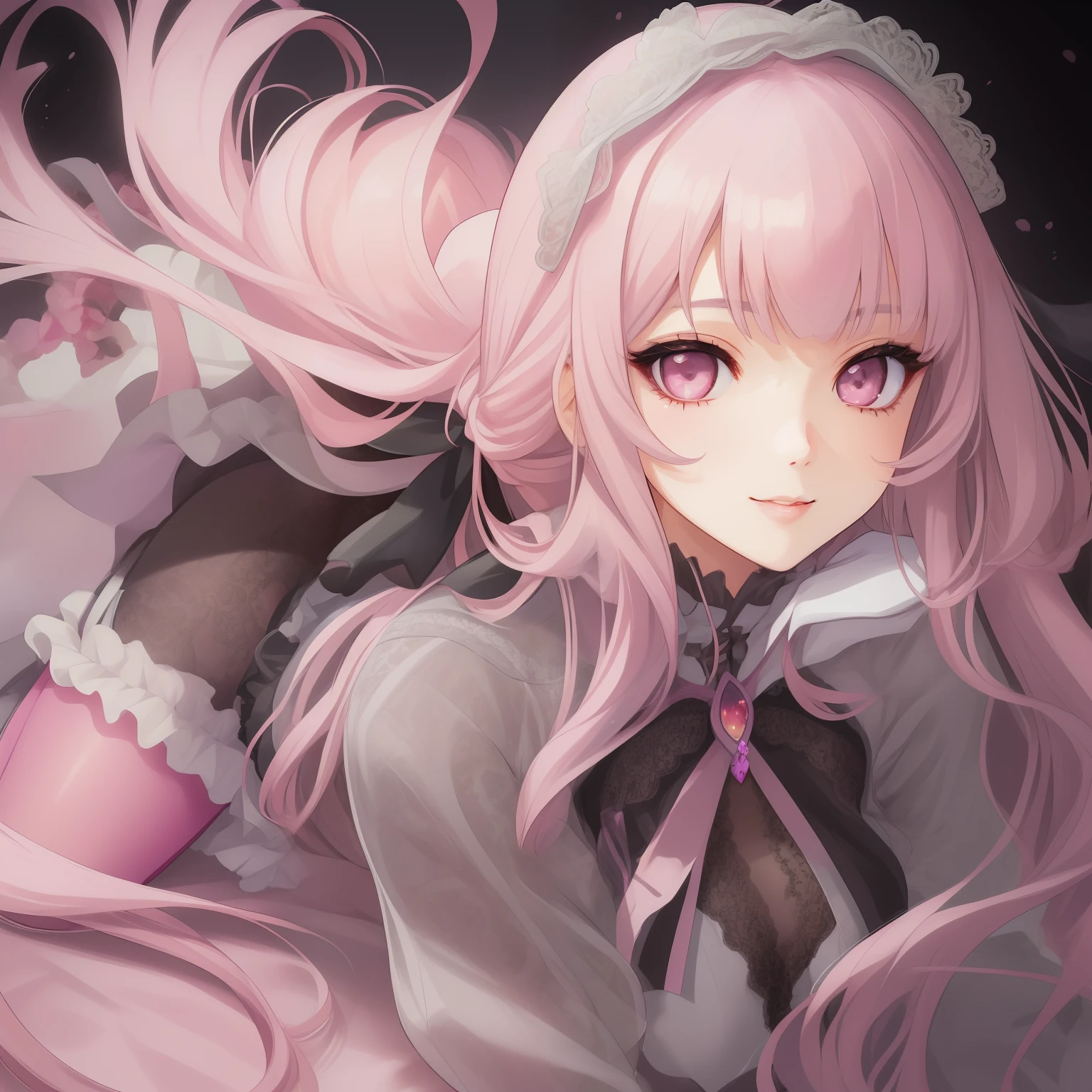 1girl, best quality, exquisite facial features, perfect face, bishoujo, ojousama, {{{grey eyes}}}, straight long pink hair, hime style bangs, lace trim, black gothic, lace pantyhose, sweet smile