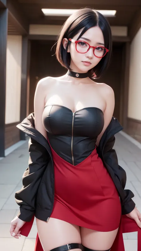 1girl, uchiha sarada in anime boruto, short hair, black hair, red eyes, smile, beautiful, sexy dress, sexy clothes, red clothes, wear red glasses, very big breast, realistic clothes, detail clothes, outdoor background, ultra detail, realistic