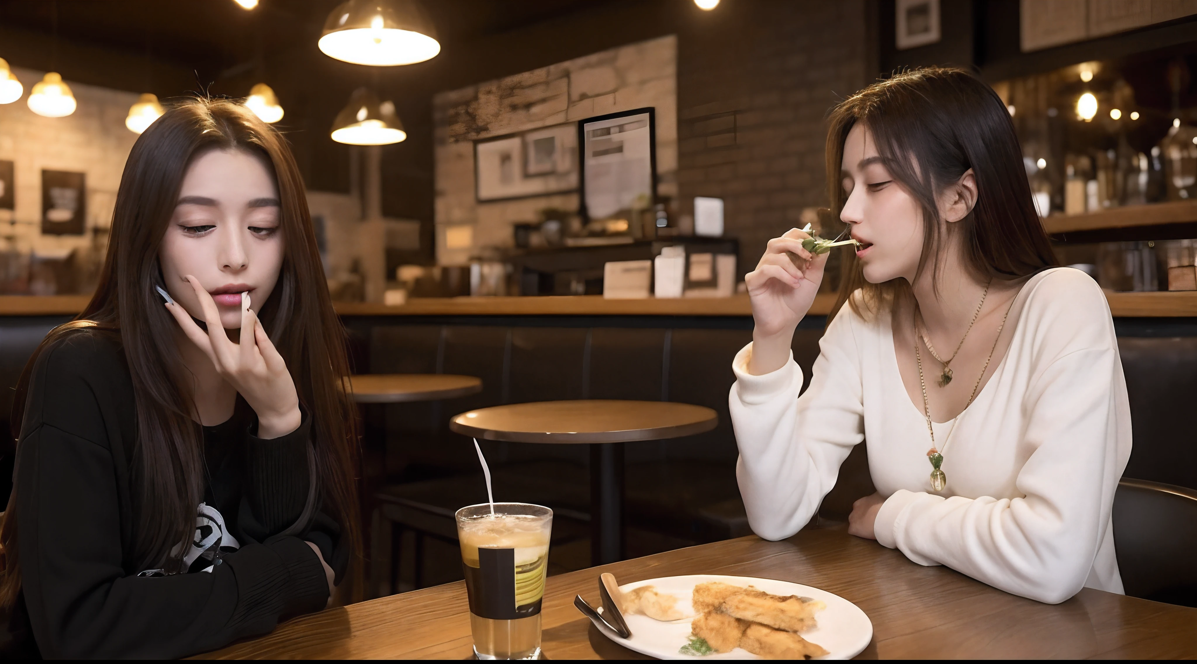 Duas mulheres sentadas em uma mesa comendo comida e bebendo - SeaArt AI