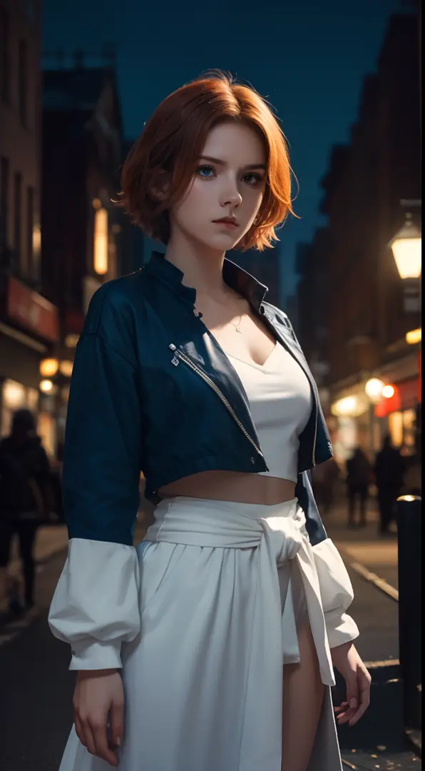 (A beautiful 20-year-old British female assassin), (Short ginger hair), (Pale skin), (serious looking), (Wearing white and blue ...