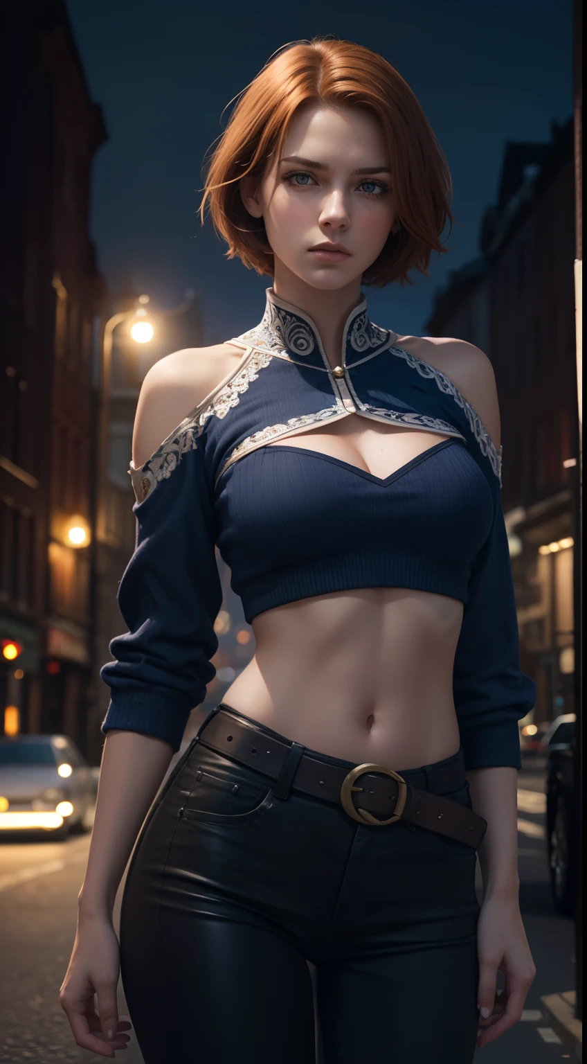 (A beautiful 20-year-old British female assassin), (Short ginger hair), (Pale skin), (serious looking), (Wearing white and blue Assassin costumes), (city at night background), seen from the front, waist up shot, Dynamic pose, Ambient lighting, Photo realism, intricate face details, Intricate hand details, Highly detailed, Vibrant colors, Cinematic, High definition, Popular on art sites - original style