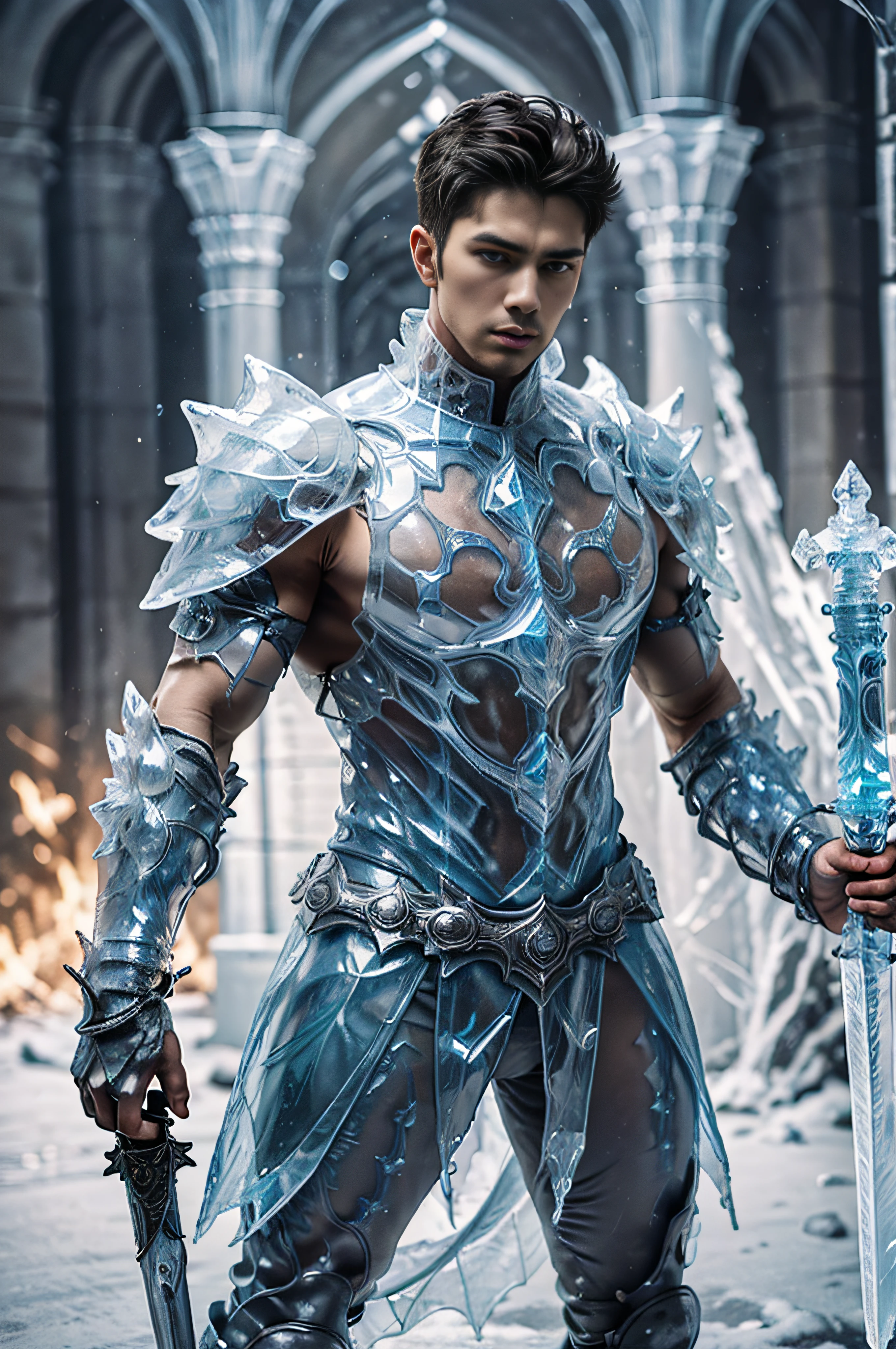 ic34rmor, wearing ice knight armor, dynamic pose, fighting stance, holding ice sword, medieval fantasy city background, full armor, realistic, masterpiece, intricate details, detailed background, depth of field, photo of a man,