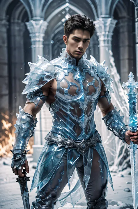 ic34rmor, wearing ice knight armor, dynamic pose, fighting stance, holding ice sword, medieval fantasy city background, full arm...