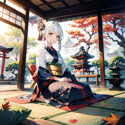 (masterpiece), high quality, kimono, graceful, peaceful, autumn colors, falling leaves, traditional Japanese building, solo, passionate colors, beautiful white-haired girl, sitting on tatami