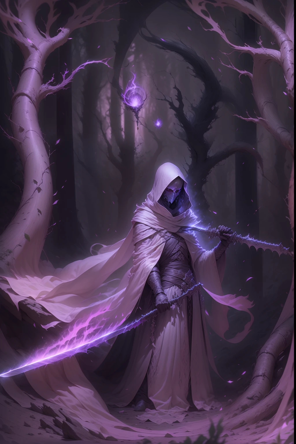 Imagem em escala de cinza de um wraith em vestes fluidas com uma foice que tem uma lâmina incorpórea, estilo muito realista, Cenário da floresta escura.
