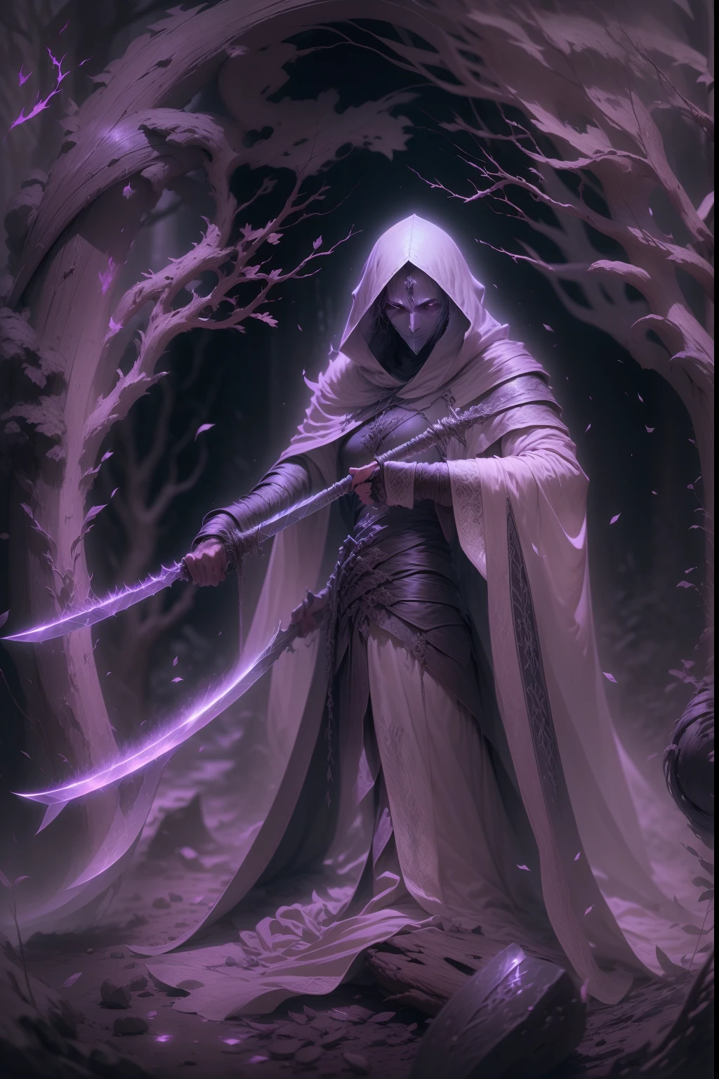 Grey scale image of a wraith in flowing robes with a scythe that has an incorporeal blade, very realistic style, dark forest back drop.