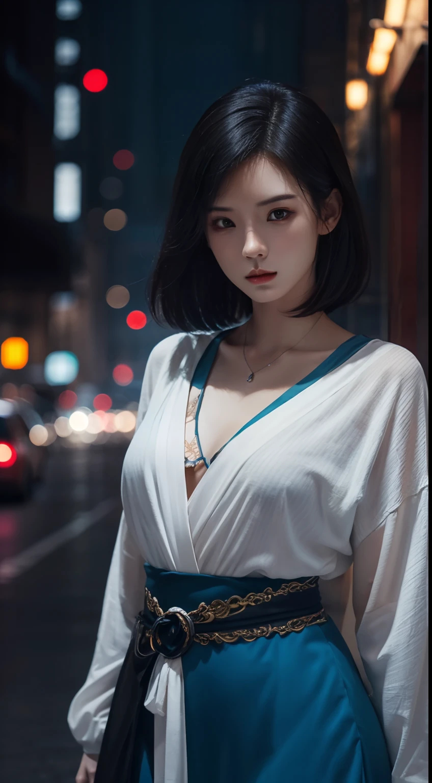 (A beautiful 20-year-old Chinese female assassin), (with short black hair), (Pale skin), (serious looking), (Wearing white and blue Assassin costumes), (city at night background), seen from the front, waist up shot, Dynamic pose, Ambient lighting, Photo realism, intricate face details, Intricate hand details, Highly detailed, Vibrant colors, Cinematic, High definition, Popular on art sites - original style
