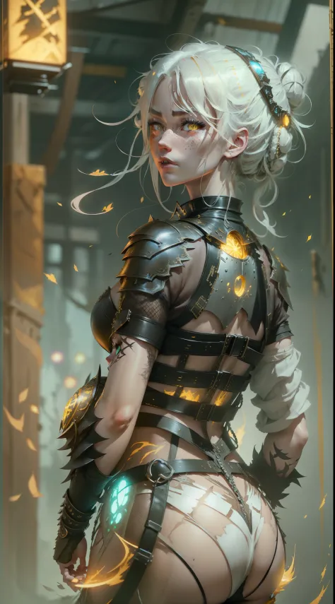 Beautiful ninja girl with freckles white hair in a bun and big yellow eyes, she wears a Fishnet leather bodysuit armor, Glancing over shoulder, Rear perspective, massiv thick bottom 16k, UHD, HDR10, 16K, ((Masterpiece)) , Absurdres,