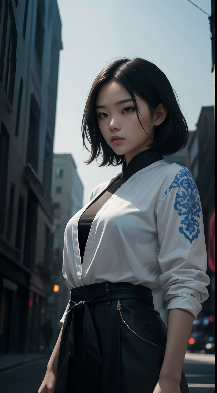 (A beautiful 20-year-old Chinese female assassin), (with short black hair), (Pale skin), (serious looking), (Wearing white and blue Assassin costumes), (city at night background), seen from the front, waist up shot, Dynamic pose, Ambient lighting, Photo realism, intricate face details, Intricate hand details, Highly detailed, Vibrant colors, Cinematic, High definition, Popular on art sites - original style