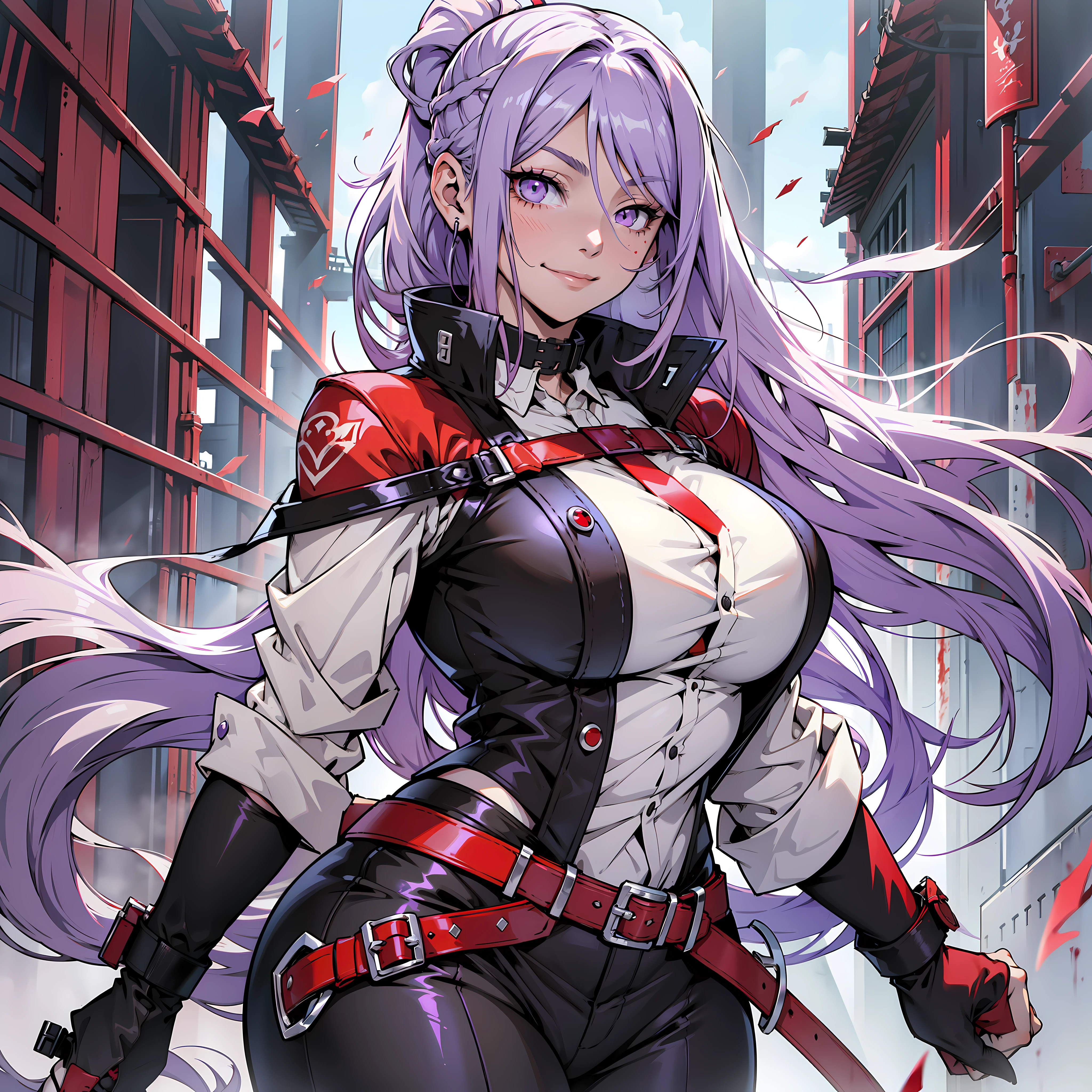 Young woman of anime, curvy, thick thighs, large breasts, beautiful face, soft face, evil smile, white blouse with blood stain, long pants of red color, boots of black color, bloody knives in the hands, hair in ponytail, straight hair, hair of lilac color, white locks in the hair, violet colored eyes, white skin, dark hall scenery.