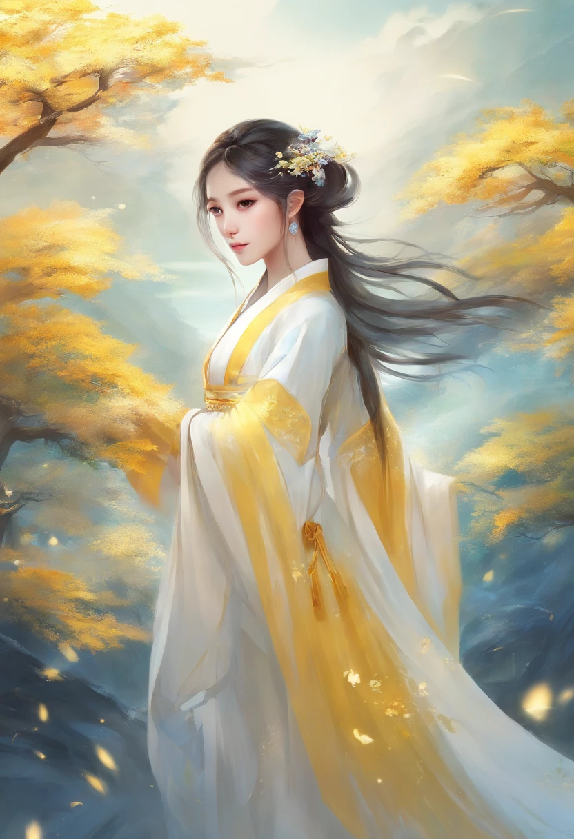 white and yellow hanfu, have bangs, blue accent on clothing, best quality