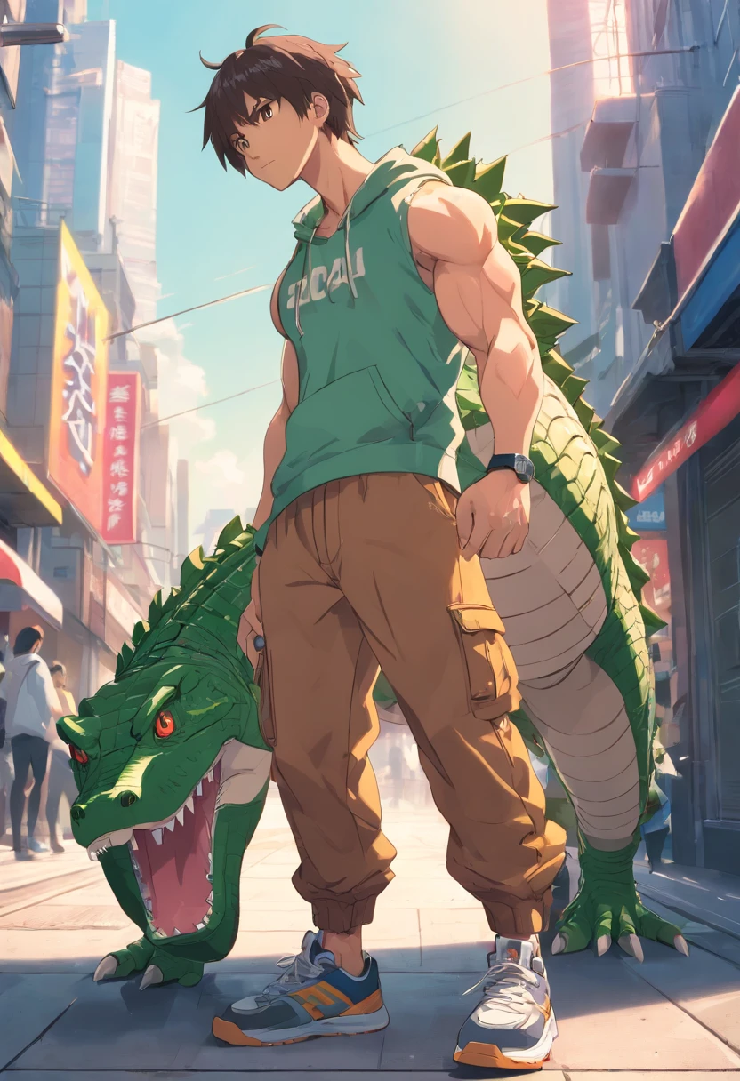 A man standing next to a green dragon on a city street - SeaArt AI