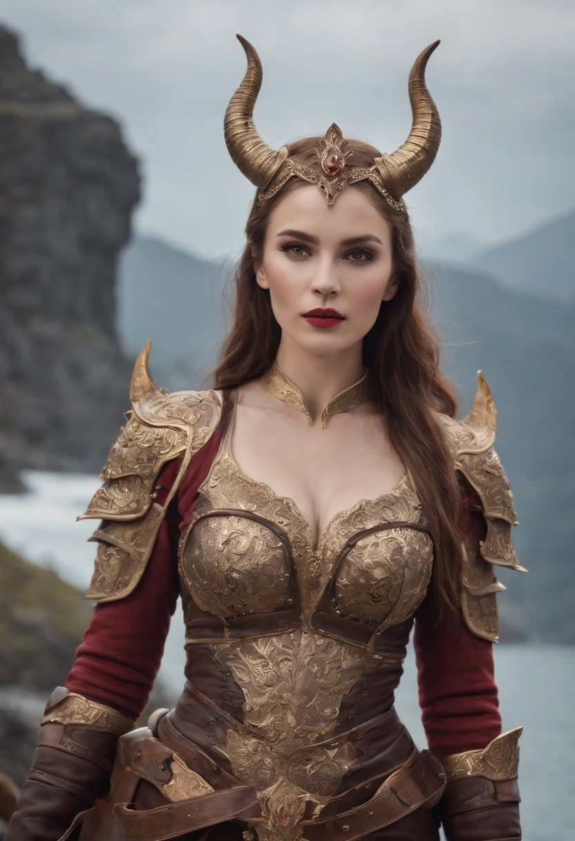 A woman in a costume with horns and a sword - SeaArt AI