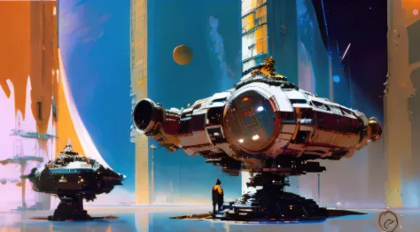 by John Berkey satellites in space orbit around the Earth, John Berkey space art style cinematography, atmospheric, photorealist...