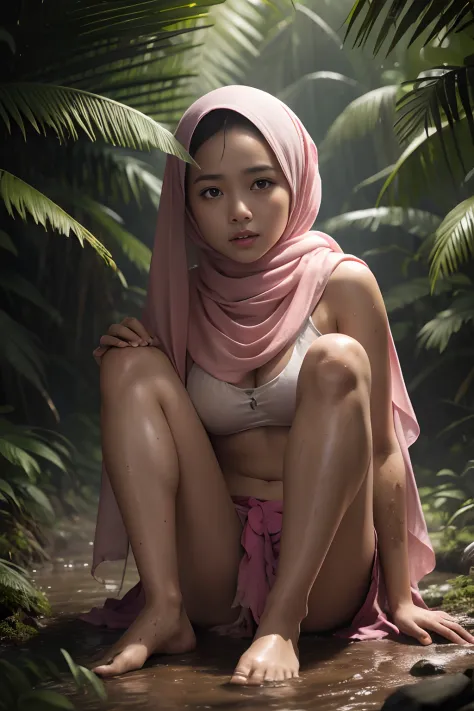 Typhoon, photorealistic full body portrait. amazingly cute malay woman with torn pink pastel shawl style hijab in her twenties crying against the background of fantastic jungle and muddy ground, clear white skin, wet and muddy, scratches everywhere, face d...