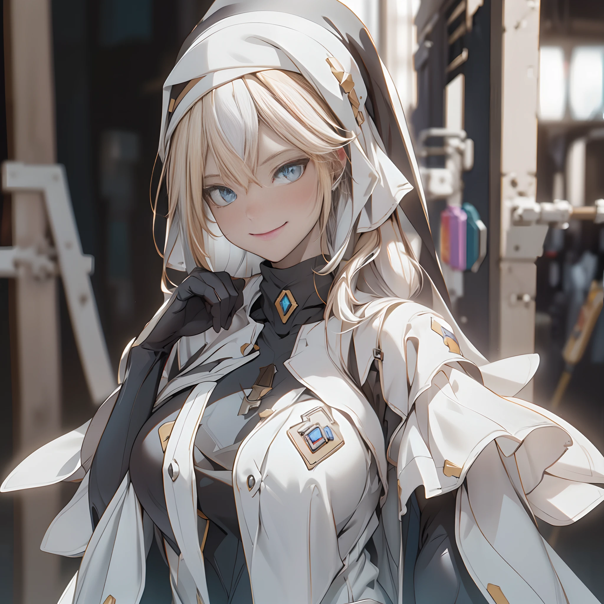 1 adult woman, long bread blond hair, smile, blue eyes, black and white Nun hat, high res, ultra sharp, 8k, masterpiece, looking at viewer, long black gloves, Sharp eyes, 
((Best quality)), ((masterpiece)), 3D, HDR (High Dynamic Range),Ray Tracing, NVIDIA RTX, Super-Resolution, Unreal 5,Subsurface scattering, PBR Texturing, Post-processing, Anisotropic Filtering, Depth-of-field, Maximum clarity and sharpness, Multi-layered textures, Albedo and Specular maps, Surface shading, Accurate simulation of light-material interaction, Perfect proportions, Octane Render, Two-tone lighting, Wide aperture, Low ISO, White balance, Rule of thirds,8K RAW, Aura