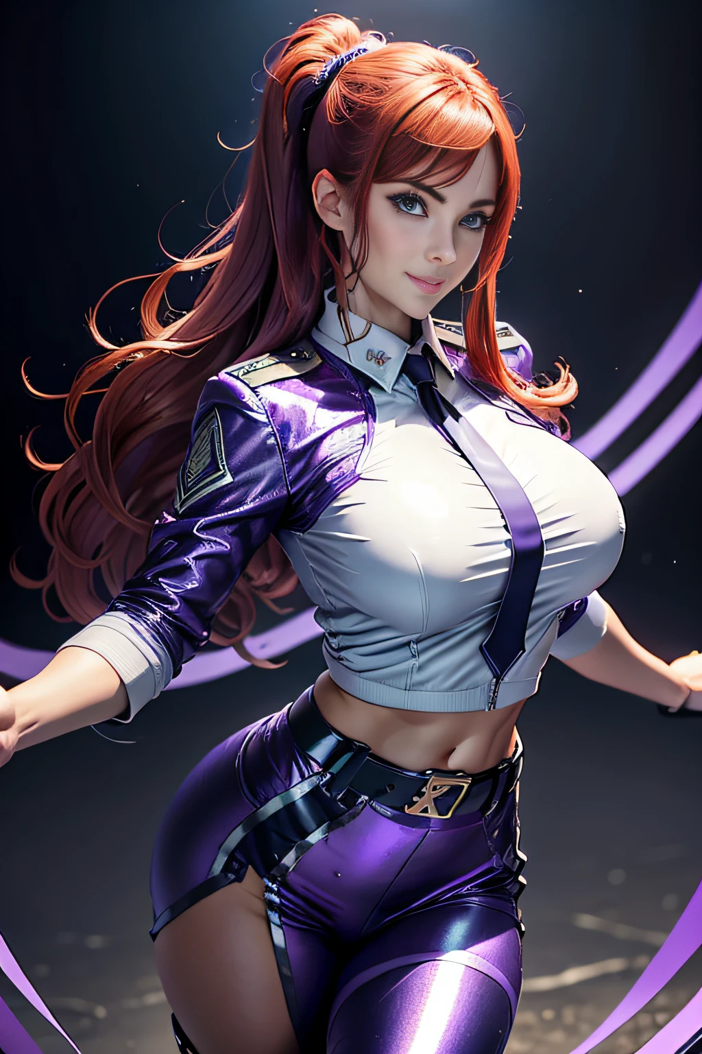 One Air Force officer in Alafe、Big breasts about to burst、thin and long legs,、Redhead blue eyes、Pony tail、Fitness Model、musculature、abdominals、Metallic Purple Jacket、Metallic purple tight skirt、Metallic White Shirt、a belt、neck tie、Five-fingered、glistning skin、Cool smile、Pose ready to fight