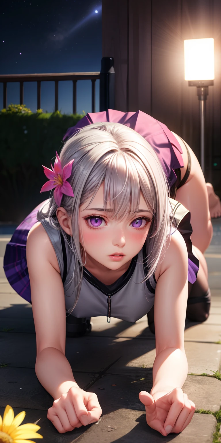 realistic, girl single, gray hair, purple eyes, glowing eyes, crop top, skirt, parted lips, blush, night, flower, sun, sunlight, all fours