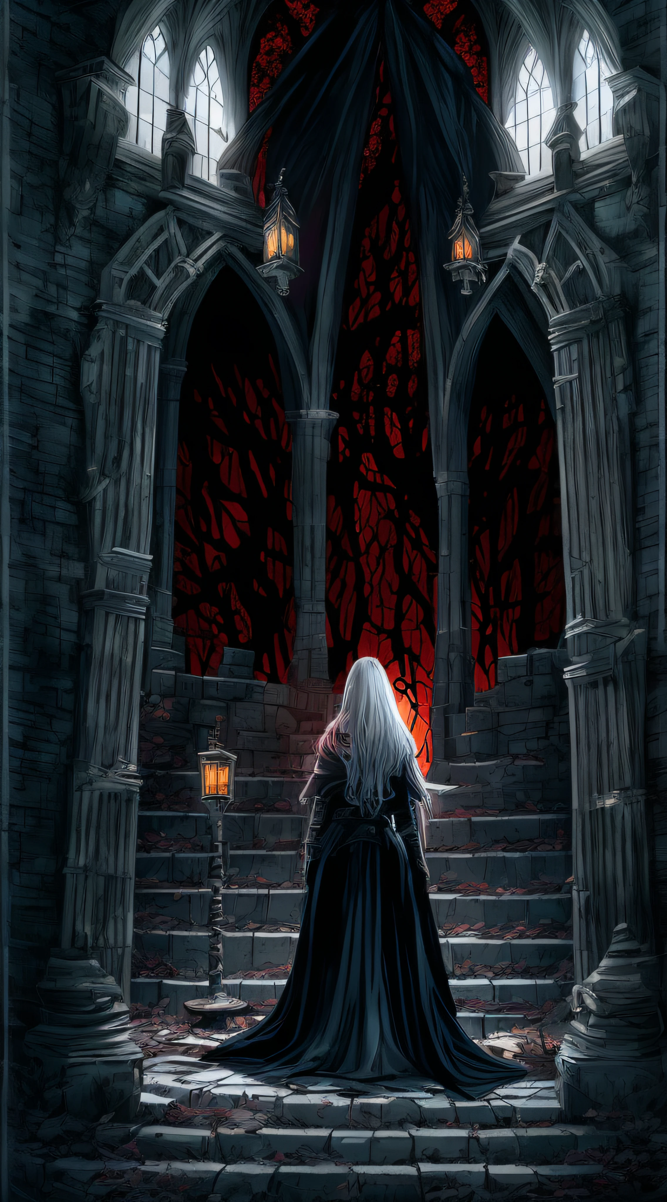 (best quality, 4k, 8k, highest, masterpiece:1.2), ultra-detailed, (realistic, photorealistic, photo-realistic:1.37), dark, gothic, horror, fantasy, castle, spooky, vampire, haunting, moonlight, candles, crimson, artistic, night scene, medieval, architecture, detailed textures, elegant, old, creepy, foreboding, atmospheric, shadowy, dark shadows, dramatic, ominous, twisted trees, iron gates, secret passageways, abandoned, echoing footsteps, hidden chambers, ancient curses, lit torches, mysterious, creaking floorboards, stone walls and arches, majestic, stained glass windows, lurking dangers, ancestral home, nostalgic, vintage, otherworldly, undead, haunted, enchanted, gothic horror, evil presence, heroic quest, graveyard, castle interior, ominous eyes, vampire hunter, animosity, 2 girls, determined, courage.