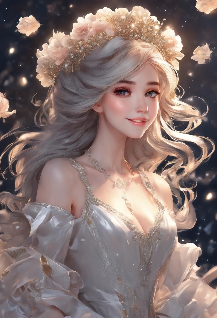 Best quality, High_Resolution, distinct_image, Detailed background ,Girl, random wear,flower, Night sky,Dutch angle, Wide shot,Shy smile, crown,