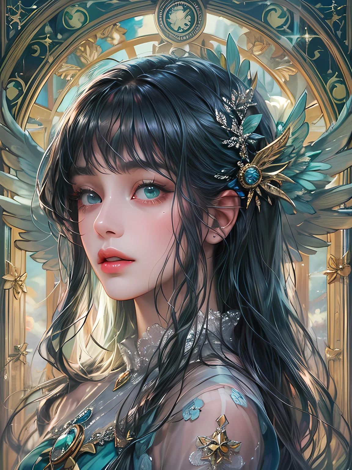 (absurdres, highres, ultra detailed, HDR), masterpiece, best quality, a mature heroine, detailed face, beautiful face with decorative detailed (long sleek black hair with flat bangs) (green eyes), seraphina talking to a little  black haired angel with blue eyes white wings, green details , black touch and green little outline,with blue magic mirror inside celestial palace, detailed character, detailed celestial place of goddess, laplace, detailed backdrop