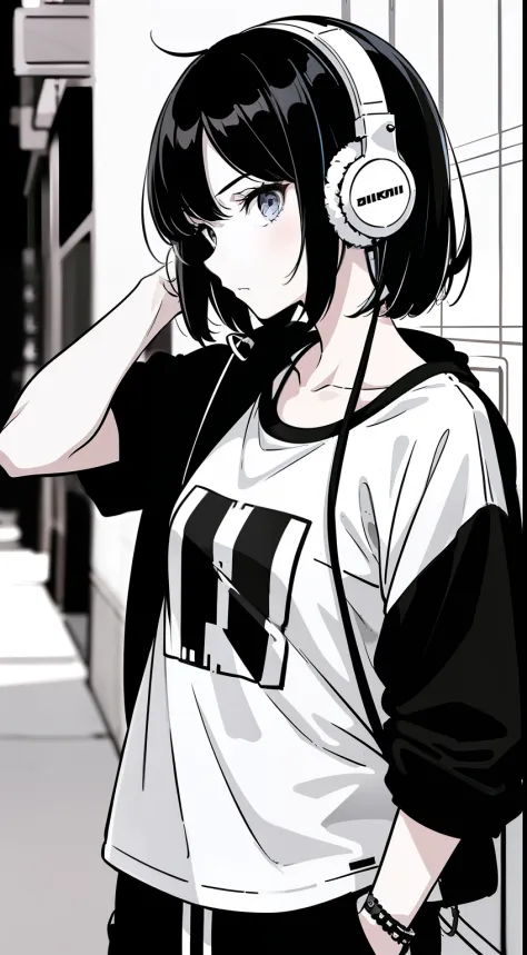 Girl, side portrait, Black and white, Messy short hair, Avant-garde accessories,Sporty style, Casual T-shirt, Confident gaze, monochromatic color scheme, Looks to the side, Chic street fashion, Casual hand in pocket pose,Head,((One guy)),Over-ear headphone...