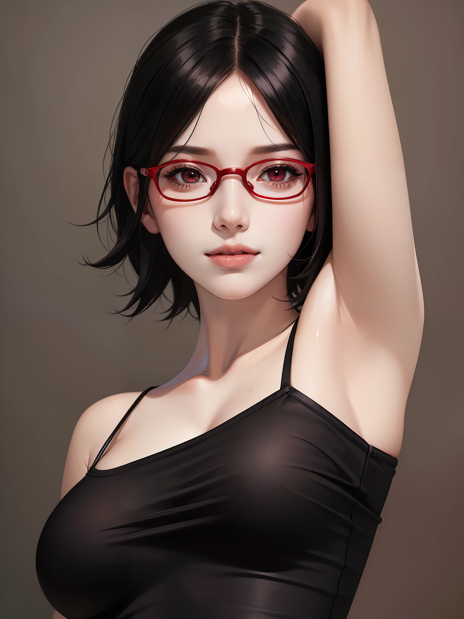 1girl, uchiha sarada in anime boruto, short hair, black hair, red eyes, smile, beautiful, sexy dress, sexy clothes, red clothes, wear red glasses, very big breast, realistic clothes, detail clothes, outdoor background, ultra detail, realistic