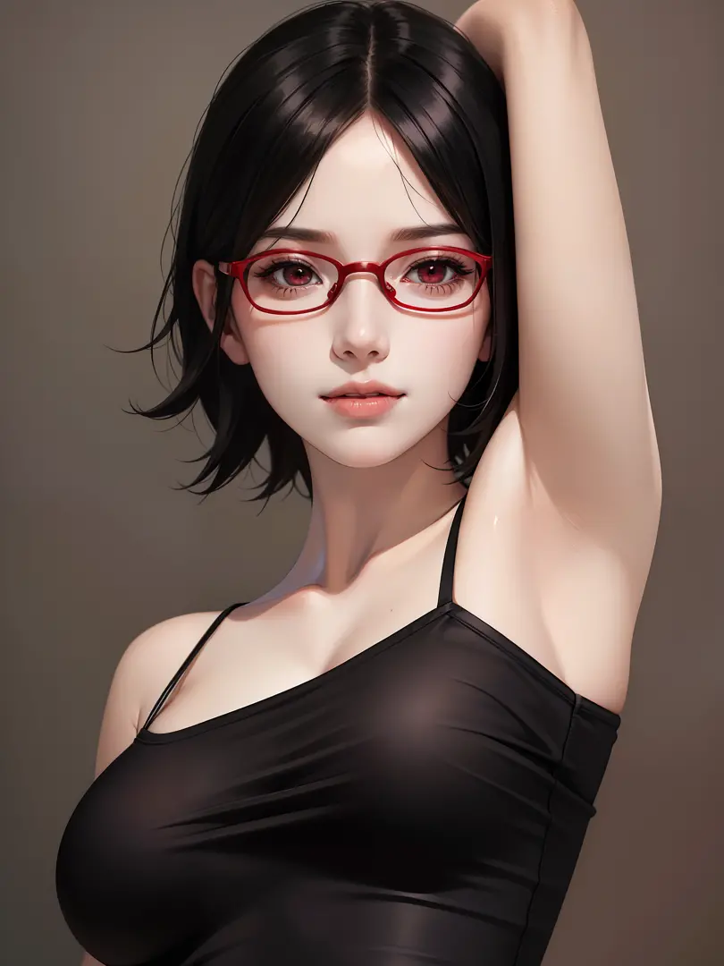 1girl, uchiha sarada in anime boruto, short hair, black hair, red eyes, smile, beautiful, sexy dress, sexy clothes, red clothes,...