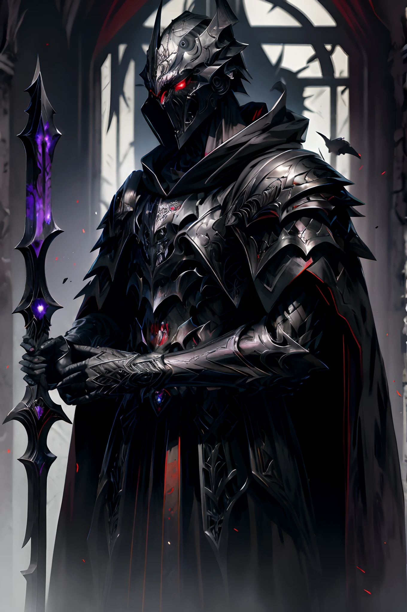 dark soul, A bodyless armor, black shawl, black hood, no face, male, armor carving, demonic armor, black face, scarlet eyes, barrel helmet, peephole, iron crown, holding a Ornate black and purple one-handed sword, gothic style, in a dark forest