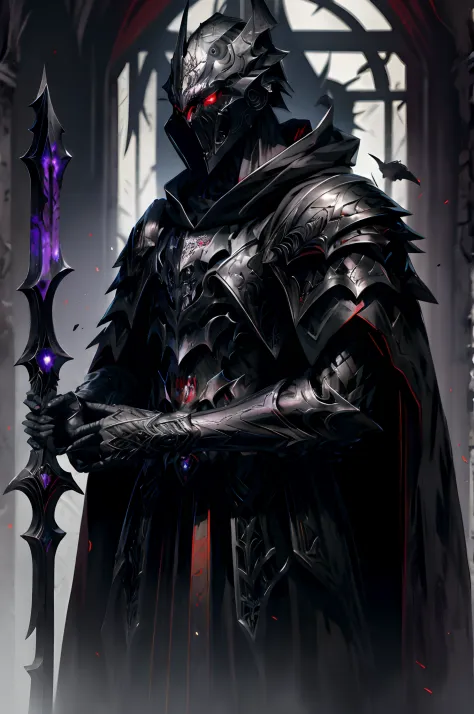 dark soul, A bodyless armor, black shawl, black hood, no face, male, armor carving, demonic armor, black face, scarlet eyes, bar...