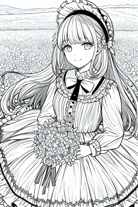 masterpiece, best quality, 1girl, solo, long_hair, looking_at_viewer, smile, bangs, skirt, shirt, long_sleeves, hat, dress, bow, holding, closed_mouth, flower, frills, hair_flower, petals, bouquet, holding_flower, center_frills, bonnet, holding_bouquet, fl...