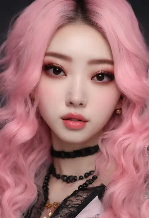 A beautiful Korean girl，Long pink hair，Tattooed with，full bodyesbian，Wearing a collar，Wear a black lace bra，Wear black lace panties，Wear stiletto heels，Wear black pantyhose，Bad girl，s the perfect face，Put on light makeup，Wear a ruby ring，Cool and funky sty...