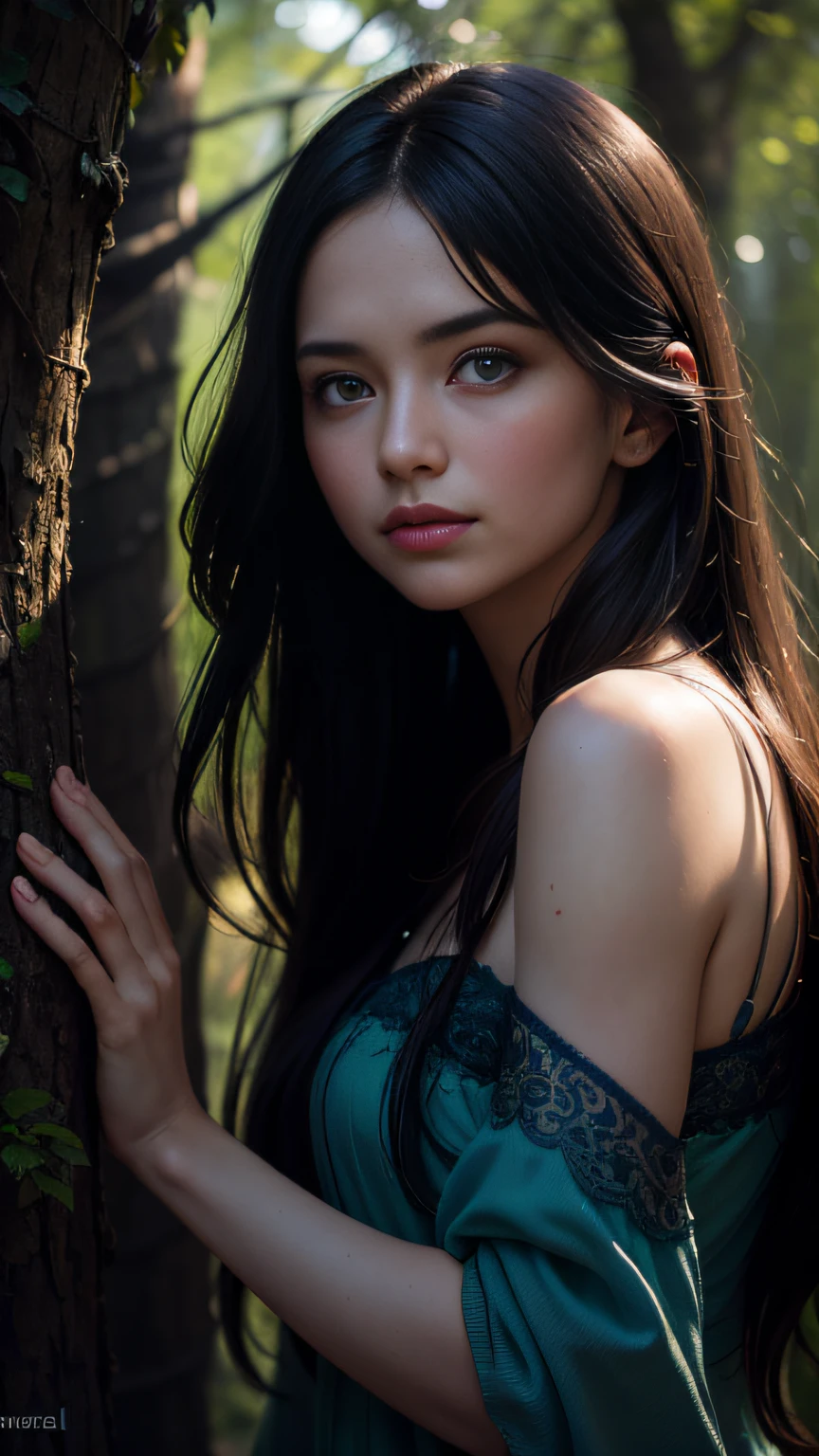 epic realistic, (dark shot:1.4), 80mm, Create a portrait of a woman with long, dark hair. She has a mysterious expression, gazing at the viewer with a slight tilt of her head. She is simply dressed, with an arm wrapped around a tree branch that also resembles a brain cell. The background features a forest of blue, impressionistic leaves, with an eerie white light shining through and a gradient shadow on the top part of the woman's face. Use a backlighting effect to add depth to the image. impressionistic painting style, john singer sarget, anders zorn, blue pallette, wider show with more background and forest, (natural skin texture, hyperrealism, soft light, sharp:1.2), soft light, sharp, exposure blend, medium shot, bokeh, (hdr:1.4), high contrast, (cinematic, teal and orange:0.85), (muted colors, dim colors, soothing tones:1.3), low saturation, (hyperdetailed:1.2), (noir:0.4), (intricate details:1.12), hdr, (intricate details, hyperdetailed:1.15), faded, (neutral colors:1.2), art, (hdr:1.5), (muted colors:1.1), (pastel:0.2), hyperdetailed, (artstation:1.4), warm lights, dramatic light, (intricate details:1.2), vignette, complex background, rutkowski,