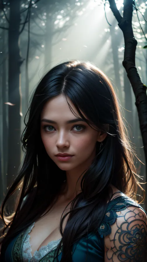 epic realistic, (dark shot:1.4), 80mm, Create a portrait of a woman with long, dark hair. She has a mysterious expression, gazin...