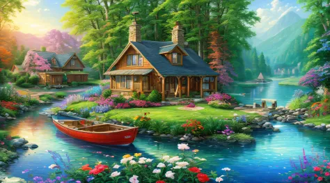 landscape, water, cottage, smoke, boat in the water, flowers ,stream, color full (extremely detailed cg unity 8k wallpaper), mos...