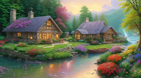 landscape, water, cottage, smoke, boat in the water, flowers ,stream, color full (extremely detailed cg unity 8k wallpaper), mos...