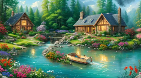 landscape, water, cottage, smoke, boat in the water, flowers ,stream, color full (extremely detailed cg unity 8k wallpaper), mos...