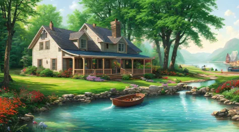 landscape, water, farm house, cooking smoke, boat in the water, flowers ,stream, color full (extremely detailed cg unity 8k wall...